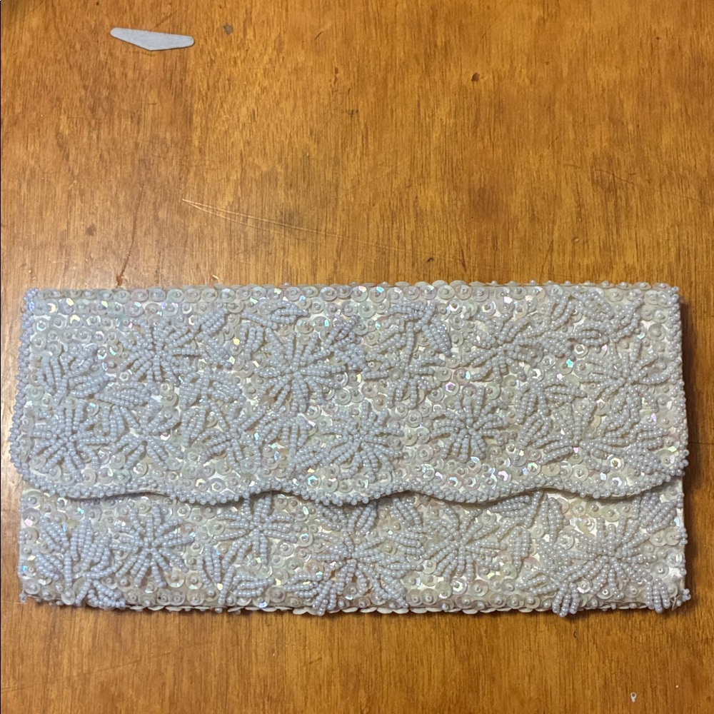Elegant White Beaded Clutch
